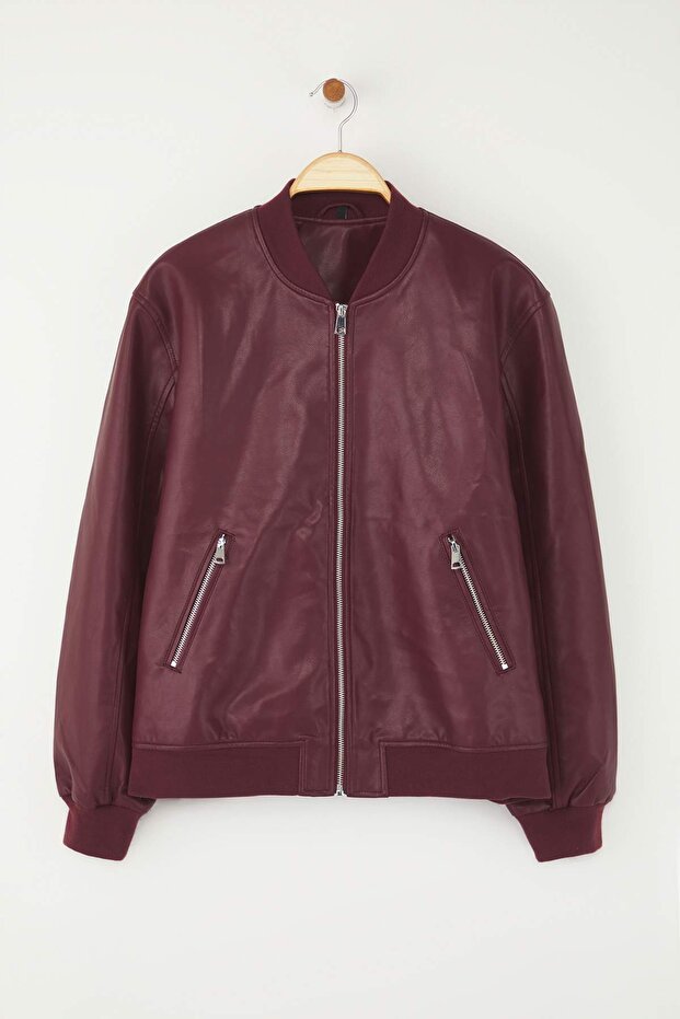 Bordová Regular Fit Faux Leather Bomber Slim Plus Size Jacket Coats TWOAW26AW00002 - 5