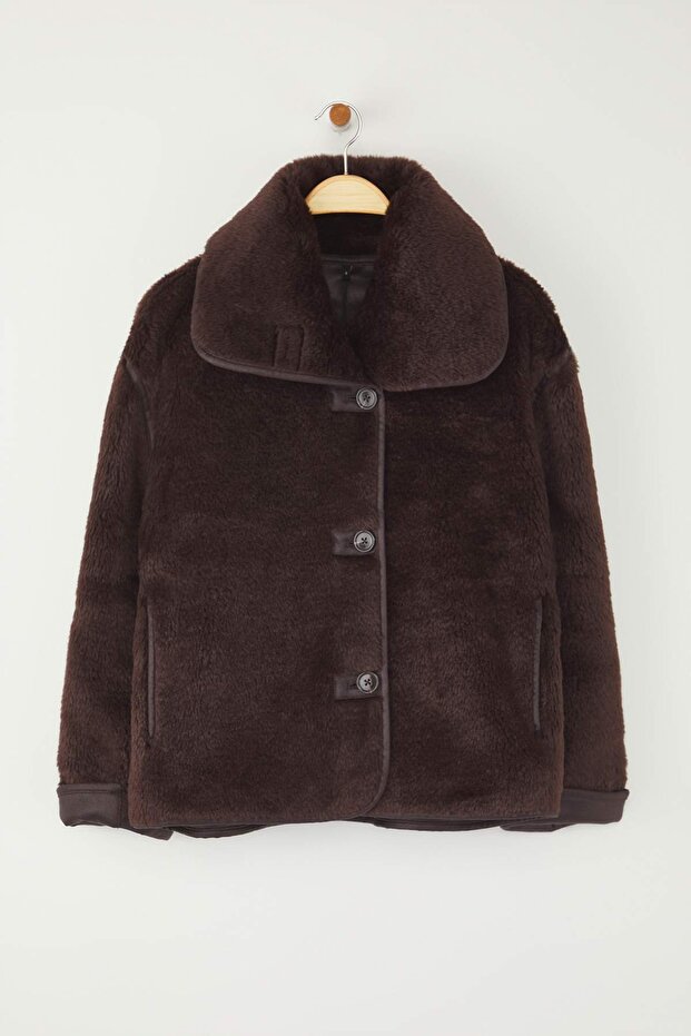 Kahverengi Oversize Kalıp Peluş Mont TWOAW26MO00062 - 6