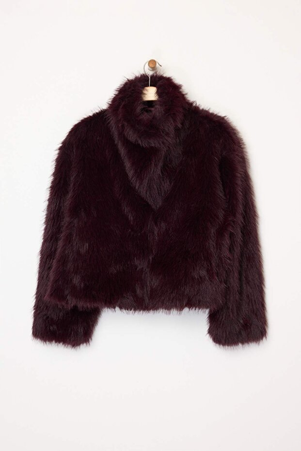Bordo Oversize Kalıp Kürk Mont TWOAW25MO00035 - 9