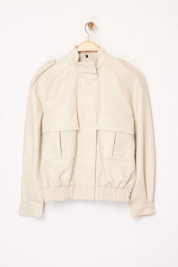 Ekru Oversize Kalıp Suni Deri Bomber İnce Ceket Mont TWOAW26MO00001 - 6