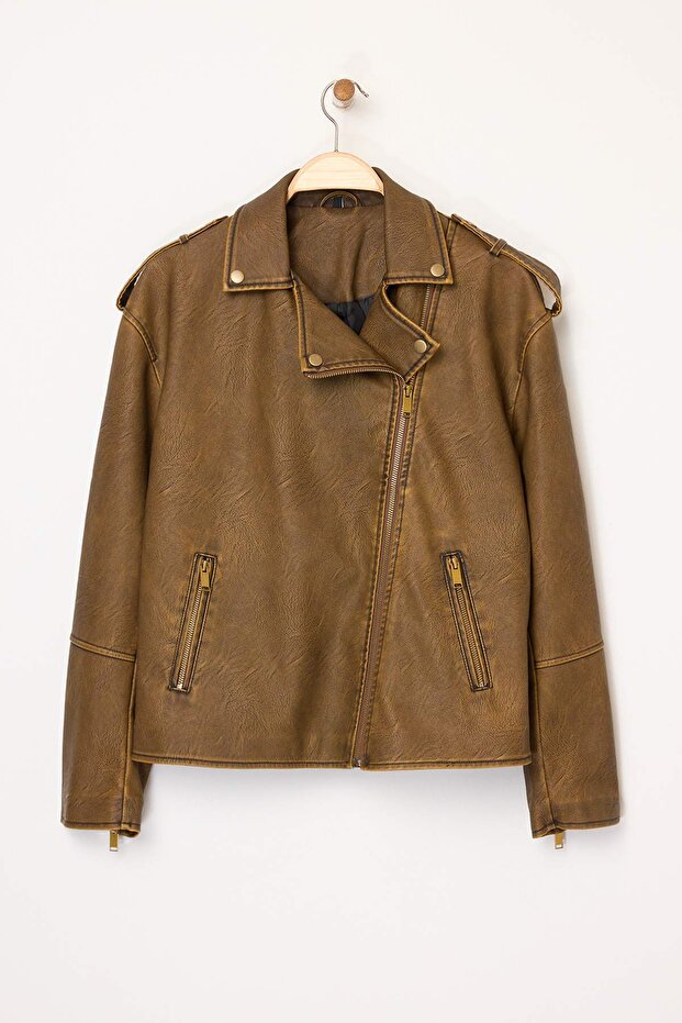 Kahverengi Oversize Kalıp Yıkama Efekctli Suni Deri Biker İnce Ceket Mont TWOAW25MO00010 - 13