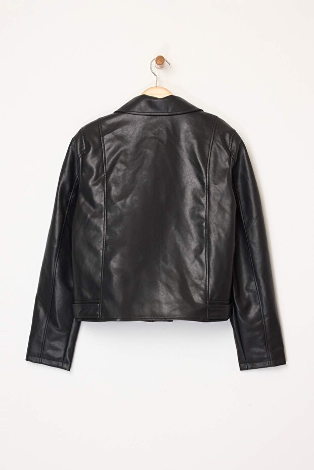 Siyah Fitted Kalıp Suni Deri Biker İnce Ceket Mont TWOAW26MO00083 - 7