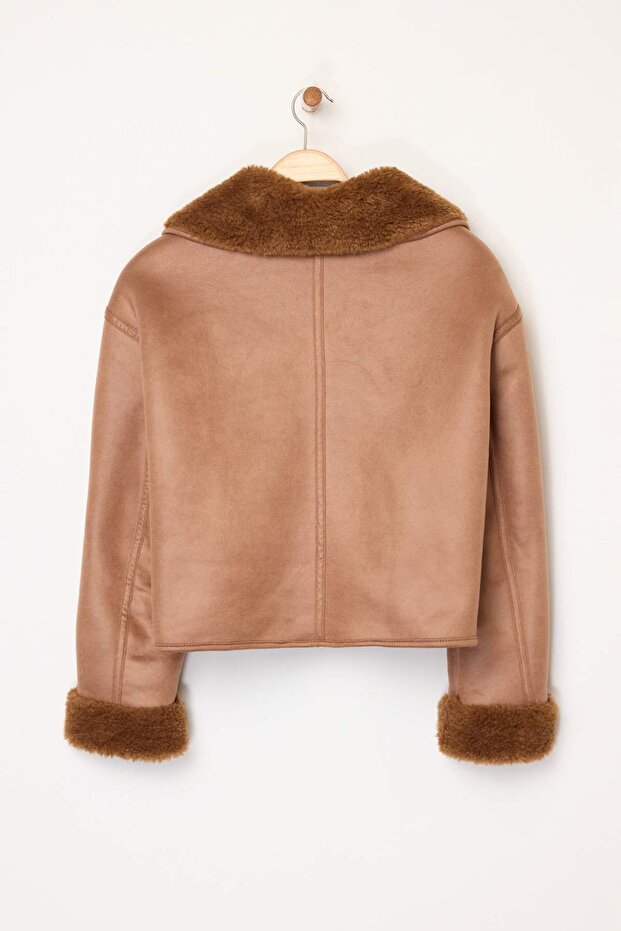 Camel Oversize Kalıp Peluş Detaylı Süet Mont TWOAW26MO00073 - 8