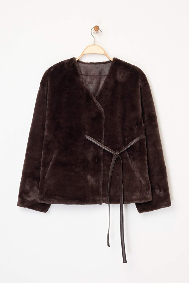 Hnědé oversize plyšové kabáty s detailem šněrování TWOAW26MO00055 - 5