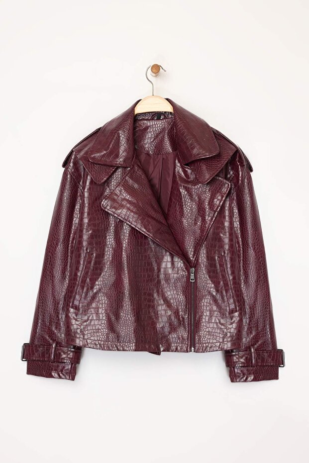 Bordo Regular Kalıp Suni Deri Biker İnce Ceket Mont TWOAW26MO00003 - 5