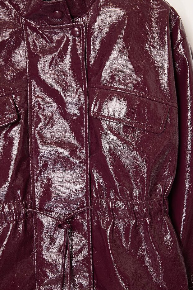 Bordo Regular Kalıp Belden Büzgülü Parlak İnce Ceket Mont TWOAW26MO00079 - 6
