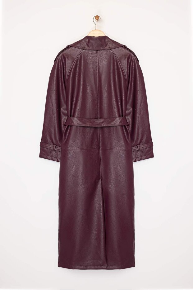 Bordo Kemerli Suni Deri Oversize Uzun Trençkot TWOAW25TR00003 - 7