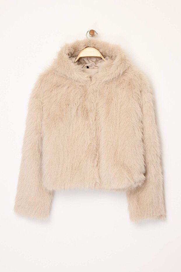 Beżowy oversize'owy wzór futrzany płaszcz z kapturem TWOAW26MO00025 - 5