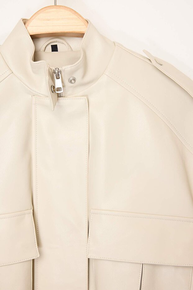 Ekru Oversize Kalıp Suni Deri Bomber İnce Ceket Mont TWOAW26MO00001 - 7