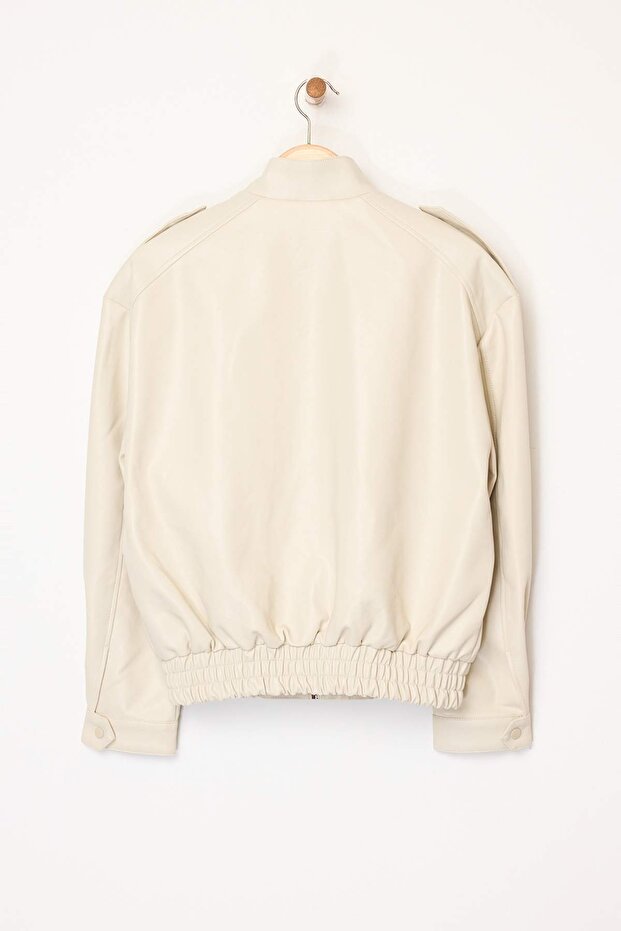 Ekru Oversize Kalıp Suni Deri Bomber İnce Ceket Mont TWOAW26MO00001 - 8