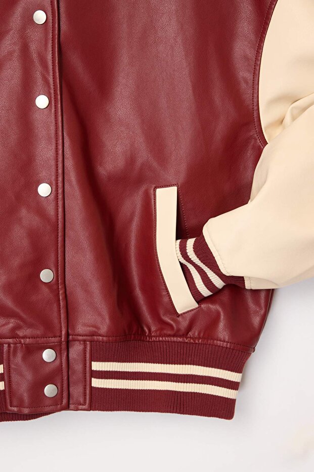 Bordo-Krem Oversize Kalıp Suni Deri Kolej Bomber Ceket Mont TWOAW26MO00006 - 7