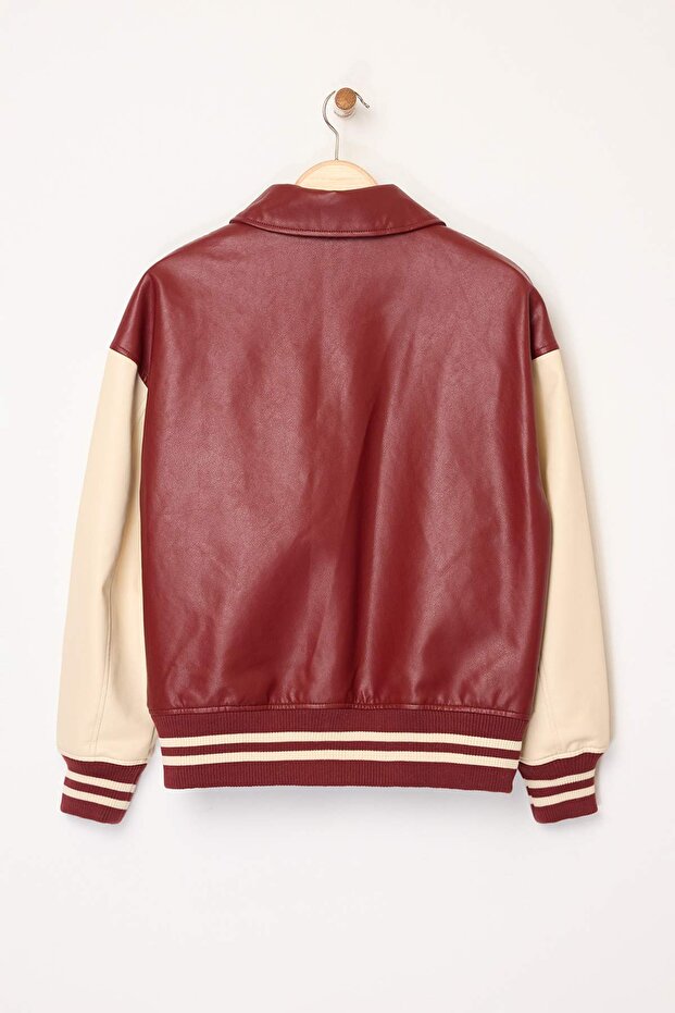 Bordo-Krem Oversize Kalıp Suni Deri Kolej Bomber Ceket Mont TWOAW26MO00006 - 8