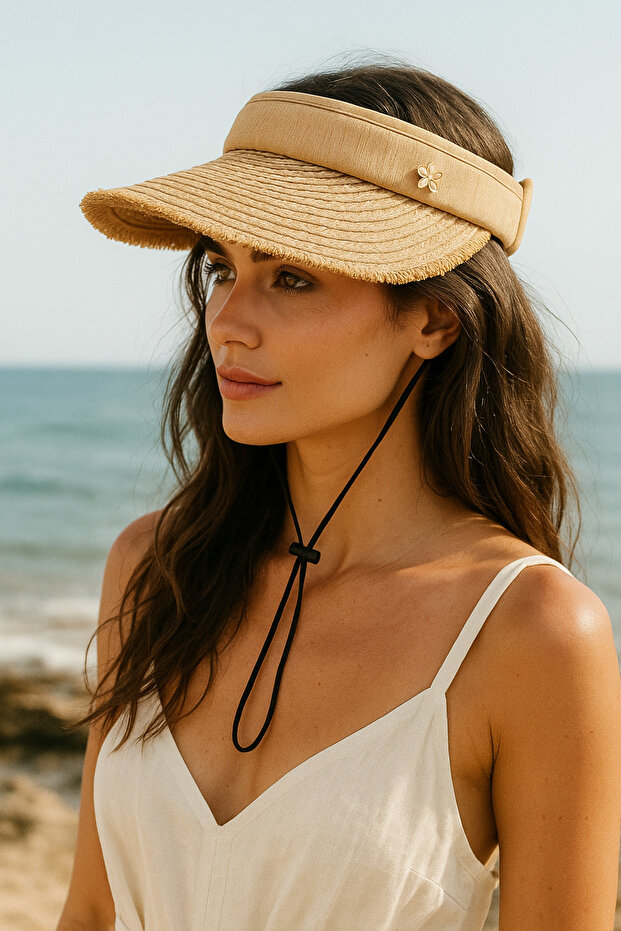 Mink Fringe Detailed Soft Brimmed Straw Visor Hat HSR2110