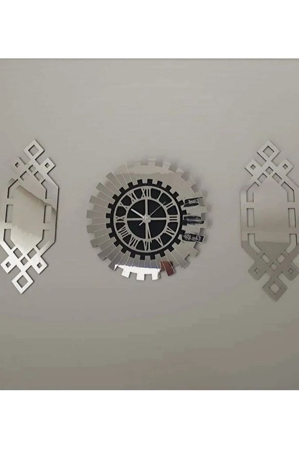 Dekoratif Modern Gümüş Renk Tablo Duvar Saati 3 'lü Set 80x50 cm - 5