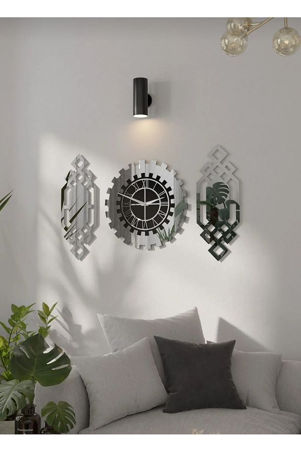 Dekoratif Modern Gümüş Renk Tablo Duvar Saati 3 'lü Set 80x50 cm - 1