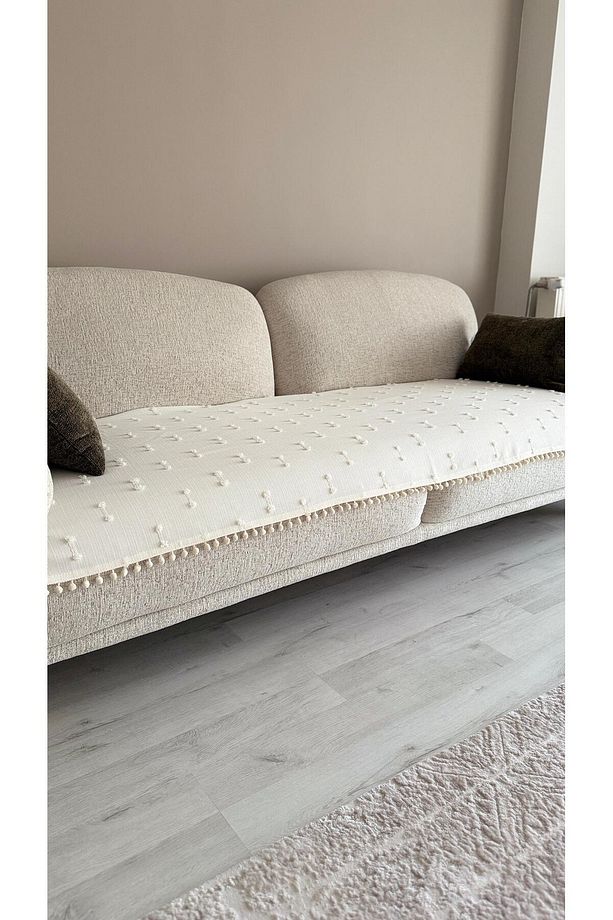 Bohem Ponponlu Oturma Yerini Kapatan Koltuk Örtüsü Ekru 90 X 200 - 5