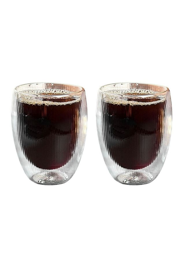Çift Cidarlı Çizgili Cam,Kahve,Latte,Ekspresso,Meşrubat 300 ML Bardak Seti 2 Adet 2322 - 1