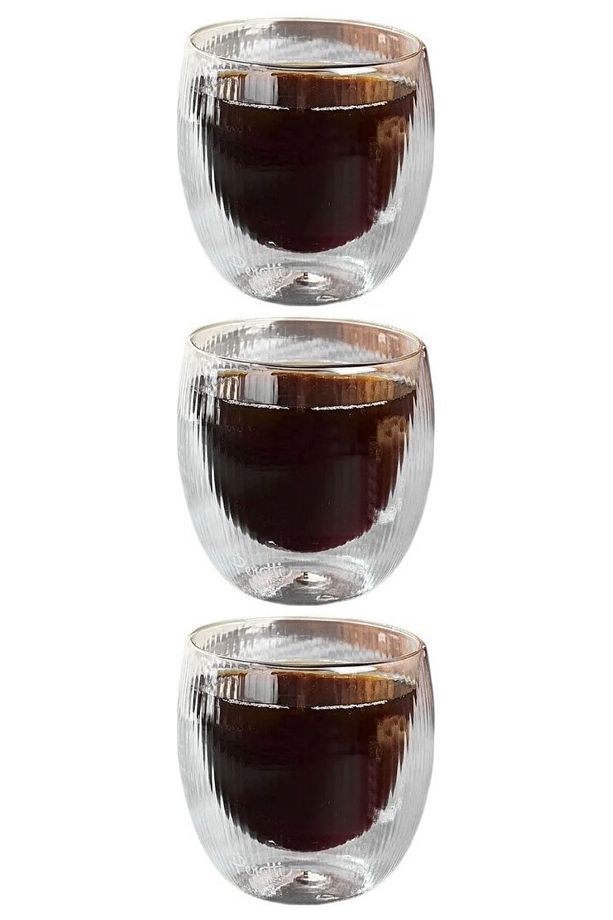 Çift Cidarlı Çizgili Cam,Kahve,Latte,Ekspresso,Meşrubat 250 ML Bardak Seti 3 Adet 2321 - 1