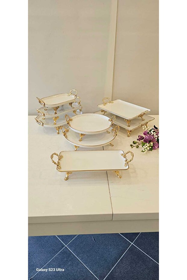 8-Piece Footed Handle Porcelain Serving Set Gold