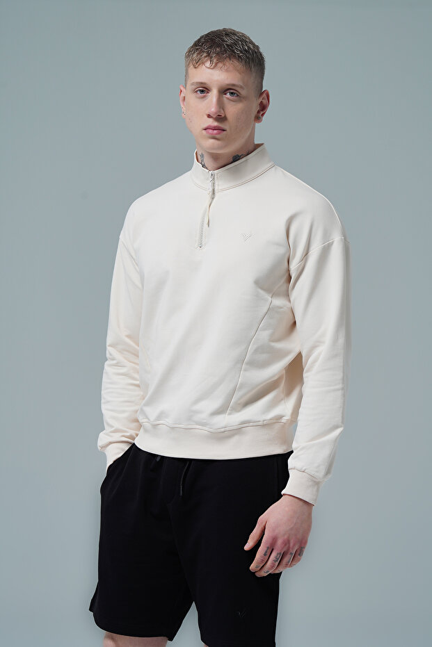 Daily Core - Beige Half Zipper Cotton Men's Oversize Sweatshirt