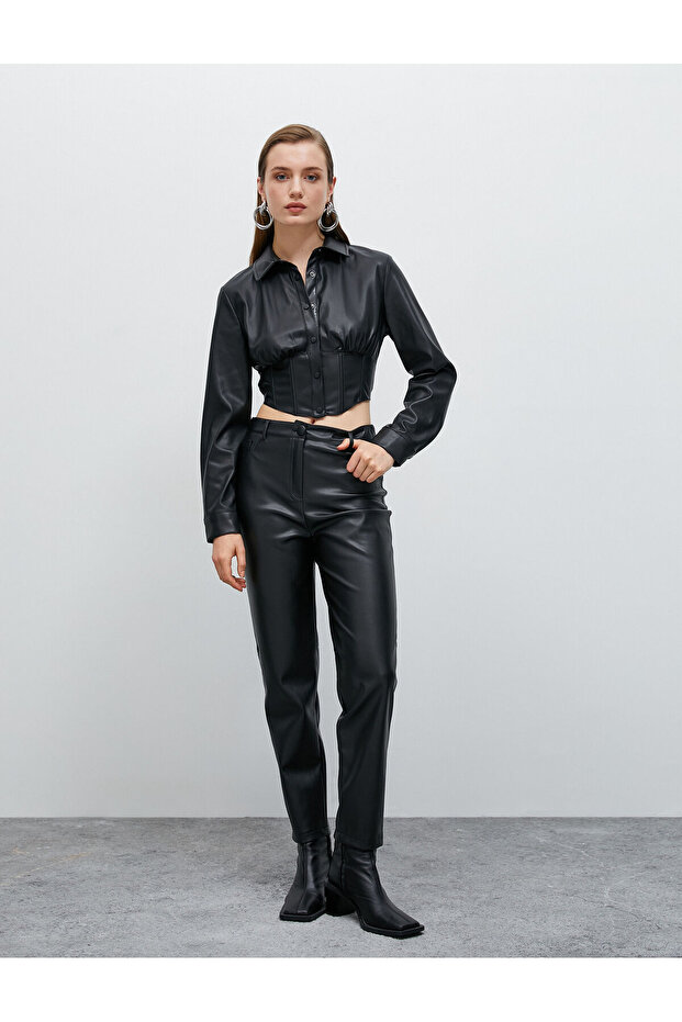 Faux Leather Crop Shirt with Corset Detail