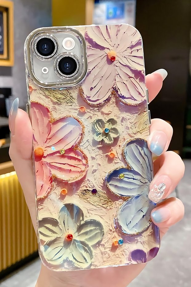 iPhone 16 Plus Case Color-Changing Stone Camera Lens Protection Pink Floral Pattern Shock-Absorbing