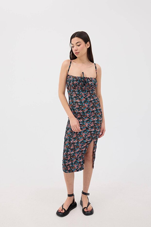 Desenli Yırtmaçlı Midi Elbise E13203-asn75 - 4