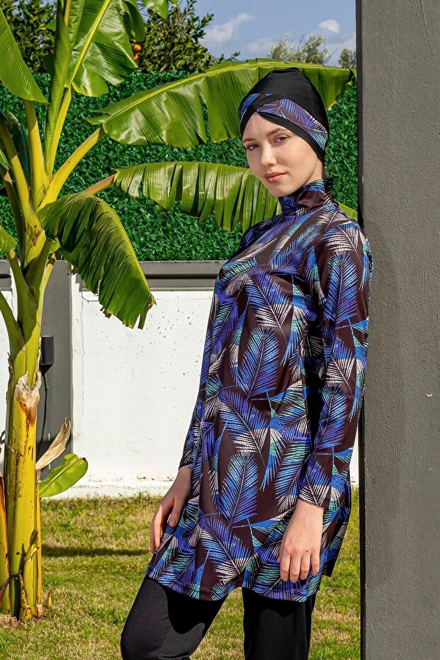 Blue Tropical Floral Patterned Full Size Lycra Digital Hijab Swimsuit-2414