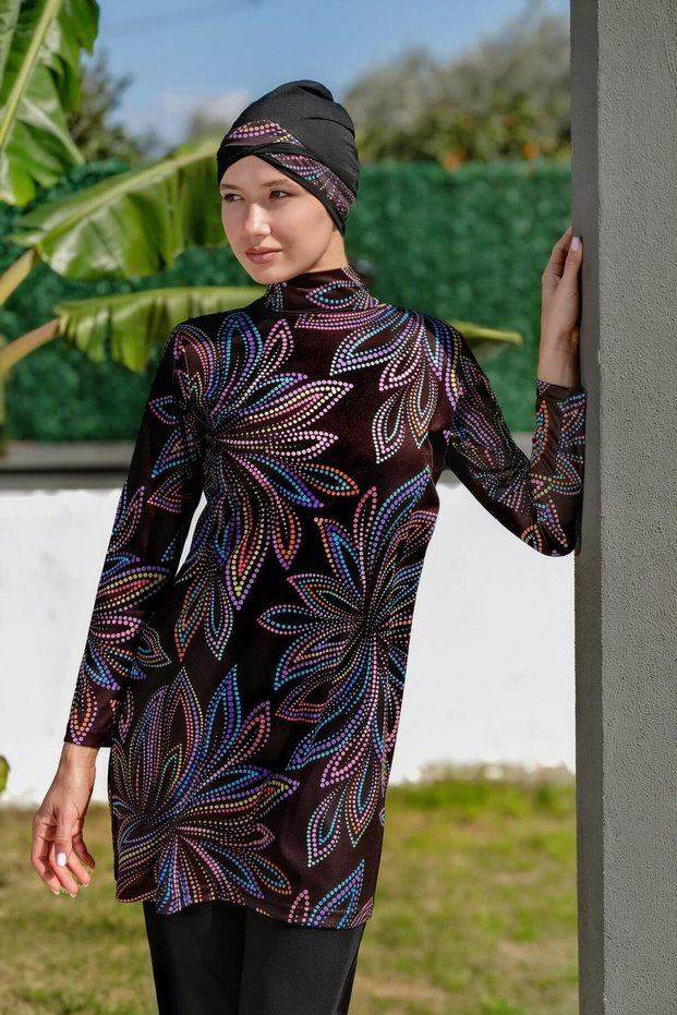 Colorful Floral Patterned Full Size Lycra Digital Hijab Swimsuit-2415