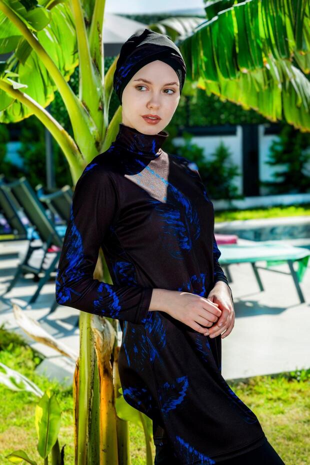 Blue Floral Patterned Full Size Lycra Digital Hijab Swimsuit-2417