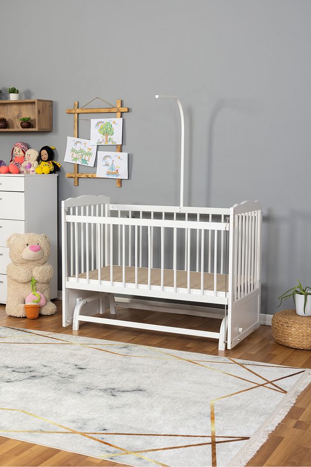 Doğal Ahşap Beşik - Anne Yanı Beşik Beyaz 60x120 - Beyaz Güpür Uyku Seti Yatak - 5