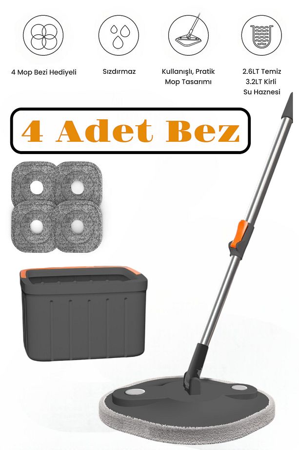 Mop Temizlik Seti Temiz&kirli Su Ayrımı Mikrofiber Kare Başlık 4 Adet Bez - 1