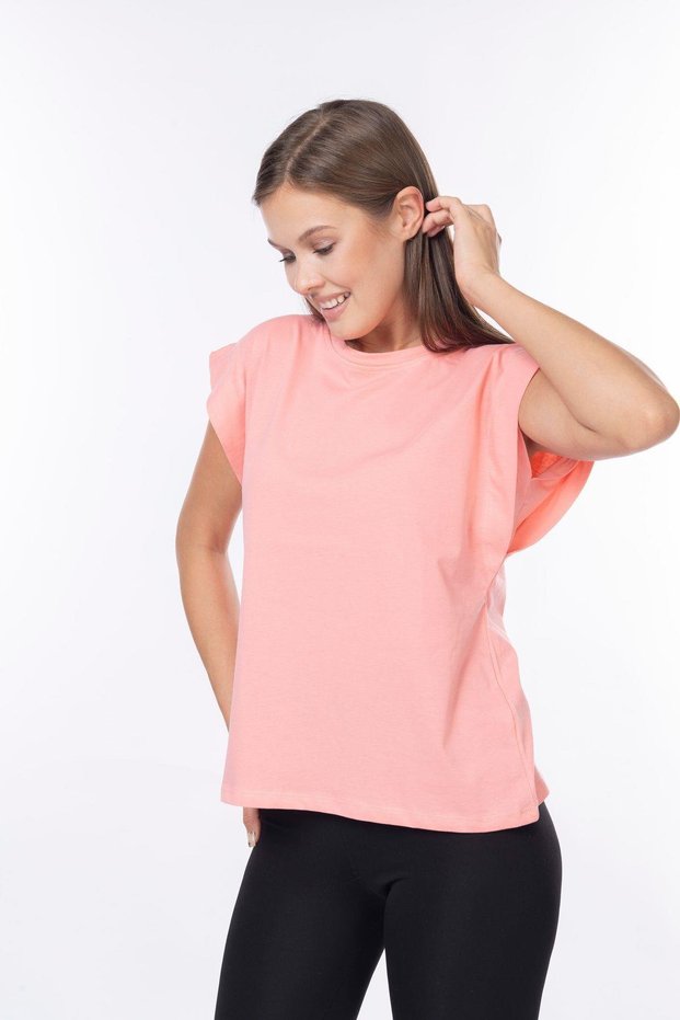 100% Cotton Women's Yavruağzı Color Padded Look Underarm Split Batwing Crew Neck T-Shirt
