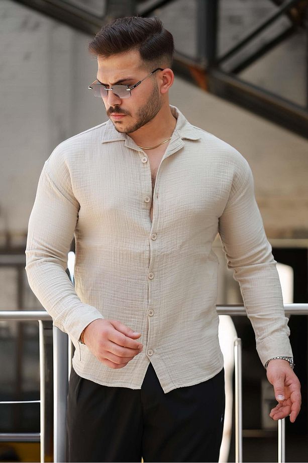 Apaş Yaka Oversize Müslin Kumaş Gömlek - Bej - 1