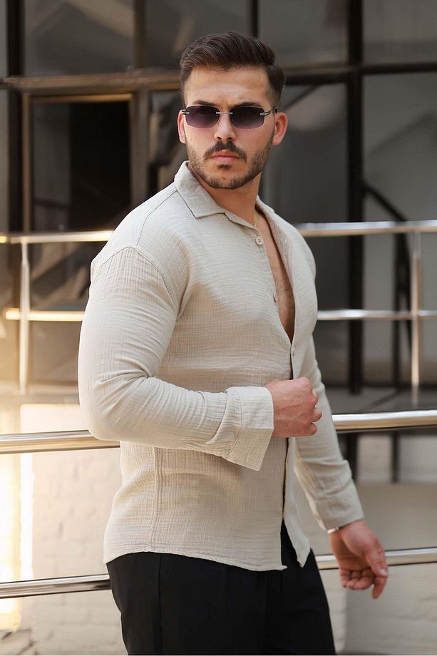 Apaş Yaka Oversize Müslin Kumaş Gömlek - Bej - 4