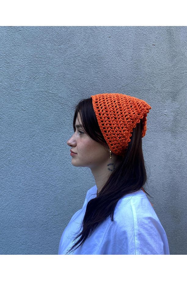 Turuncu Renkli File Model Bandana, El Yapımı Örgü Bandana - 1