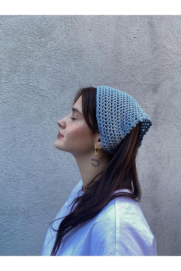 Açık Mavi Renkli File Model Bandana, El Yapımı Örgü Bandana - 1