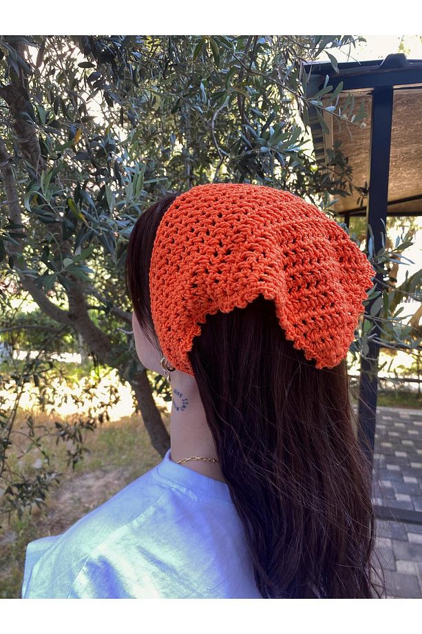 Turuncu Renkli File Model Bandana, El Yapımı Örgü Bandana - 2