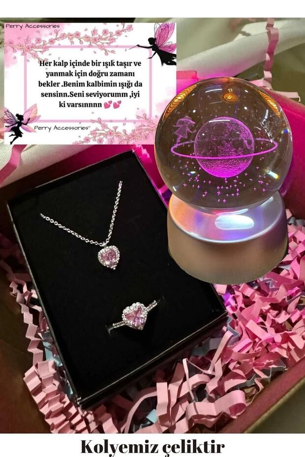 Perry Accesories Çelik Kararmaz Pembe Kalp Kolye Yüzük Set Ve Renk Değiştiren Led Işıklı 3d Satürn Kız Kar Küre