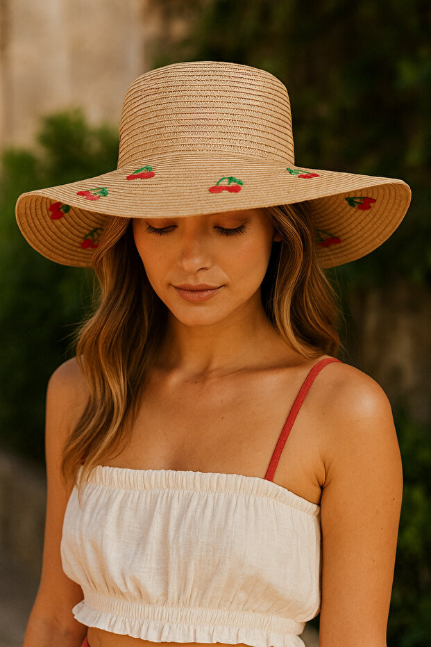 Camel Cherry Embroidered Wide Brim Women's Summer Hat Hsr2115