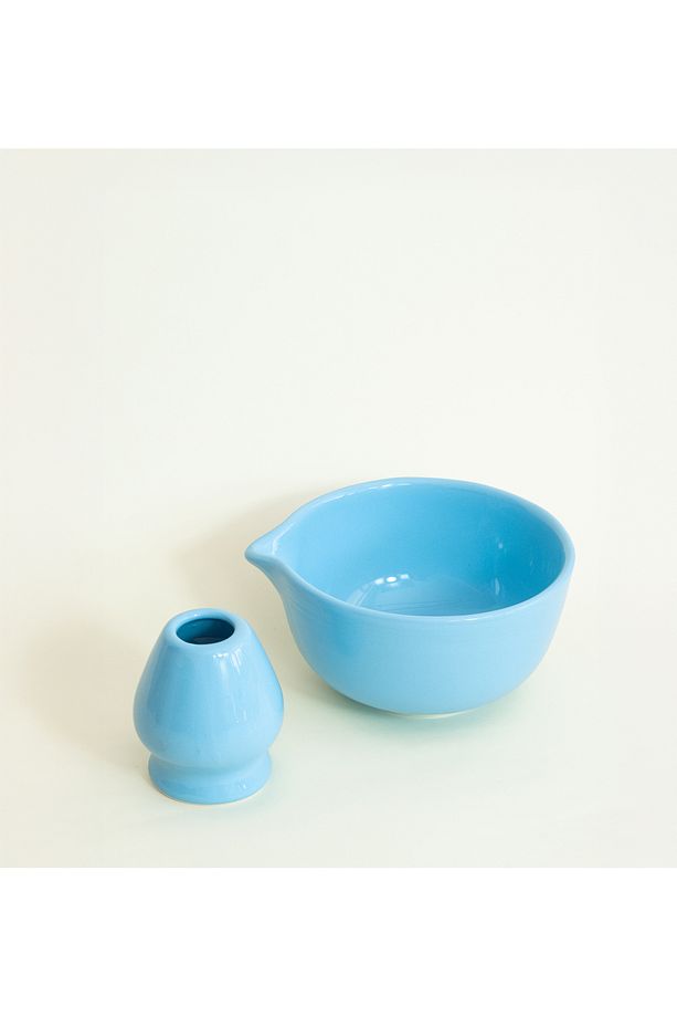 Seramik Parlak Mavi Matcha Kase ve Whisk Tutacağı Set - 1