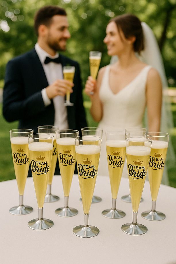 6'lı Logolu Plastik Gümüş Renk Ayaklı Şampanya Kadehi 6 Adet Parti Team Bride Kadeh Seti - 2