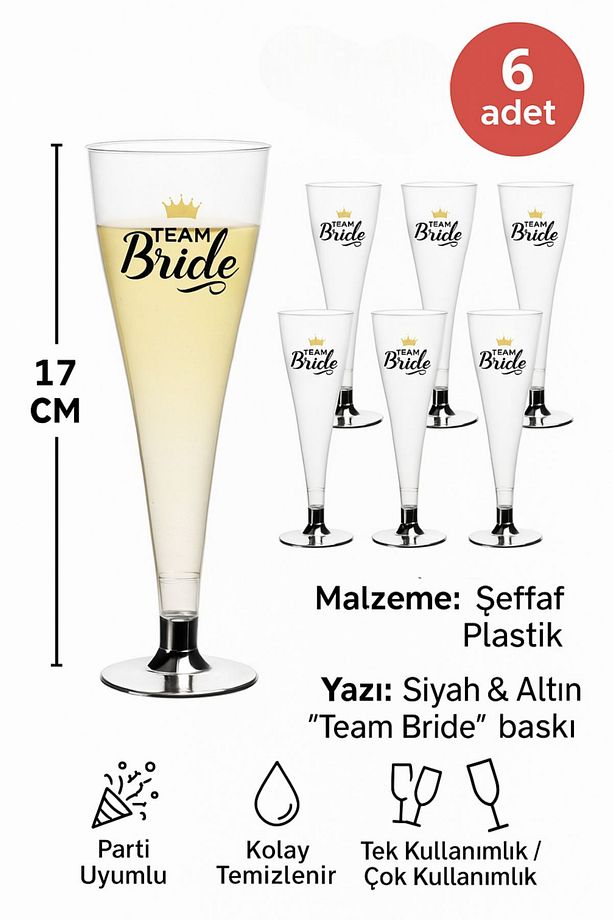 6'lı Logolu Plastik Gümüş Renk Ayaklı Şampanya Kadehi 6 Adet Parti Team Bride Kadeh Seti - 8