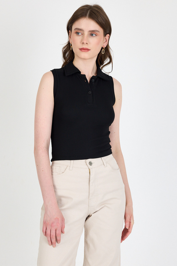 Black Buttoned Polo Neck Zero Sleeve Knitted Blouse 2219 - 2
