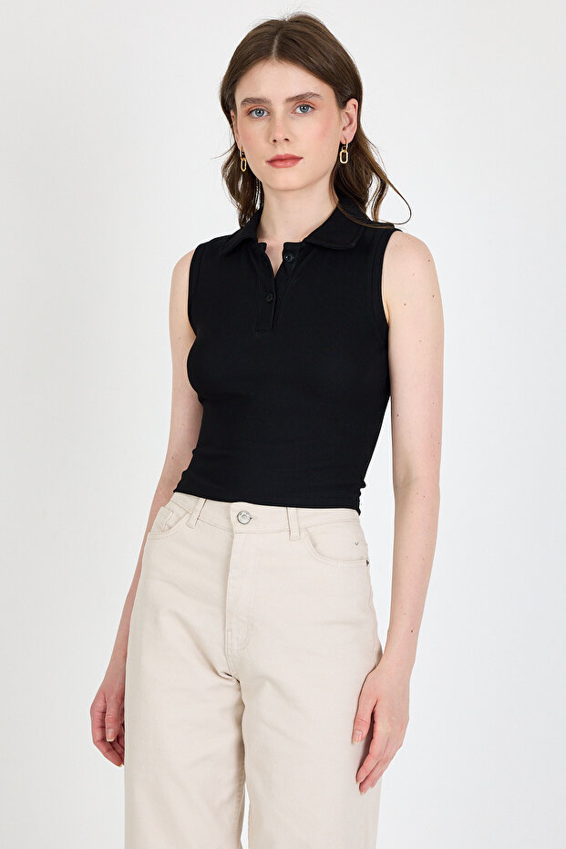 Black Buttoned Polo Neck Zero Sleeve Knitted Blouse 2219 - 1