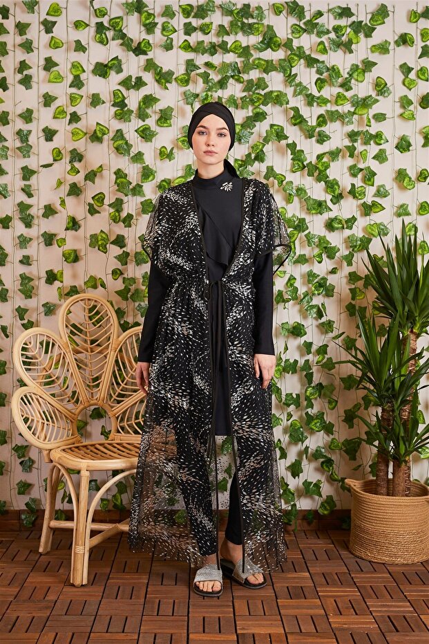 Sw35.28 Gümüş Baskılı Tül Pareo - 2