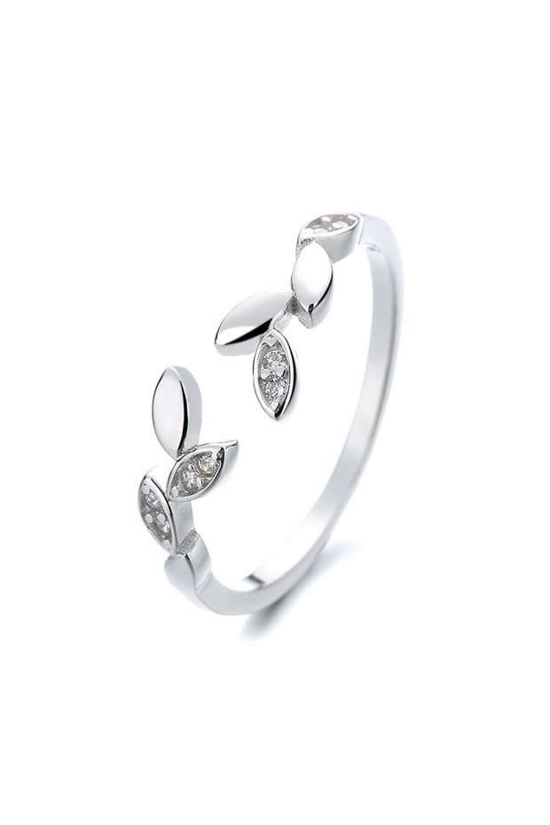 Adjustable ring 925 silver, JW1368, leaf pattern, rhodium plated
