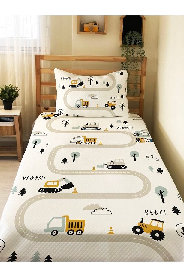 Inşaat Makineleri Yol Desenli Bebek Ve Çocuk Baskılı Tek Kişilik Pike Takımı 160 X 220 Cm beyaz - 1