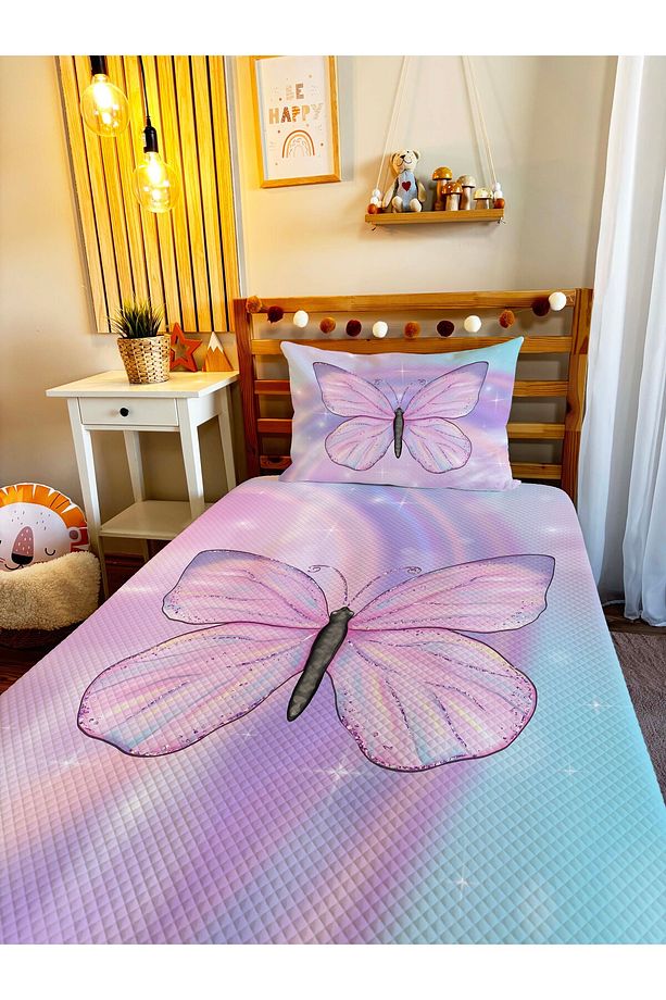 Kelebek Desenli Bebek ve Çocuk Baskılı Tek Kişilik Pike Takımı 160x230 Pembe - 3