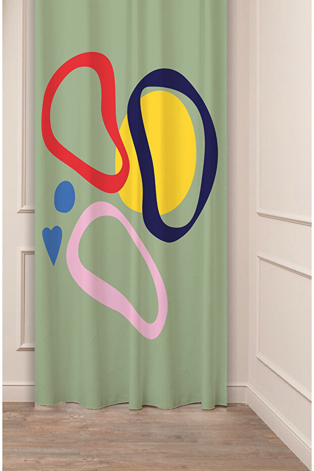 Geometric Shape Square Green Beige Patterned Special Design Digital Printed (Single Wing) Modern Stylish Background Curtain